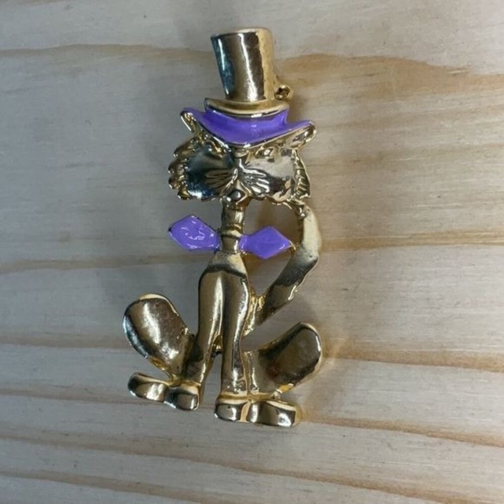 Gold & Purple Cat Brooch Pin With Top Hat & Bow Tie